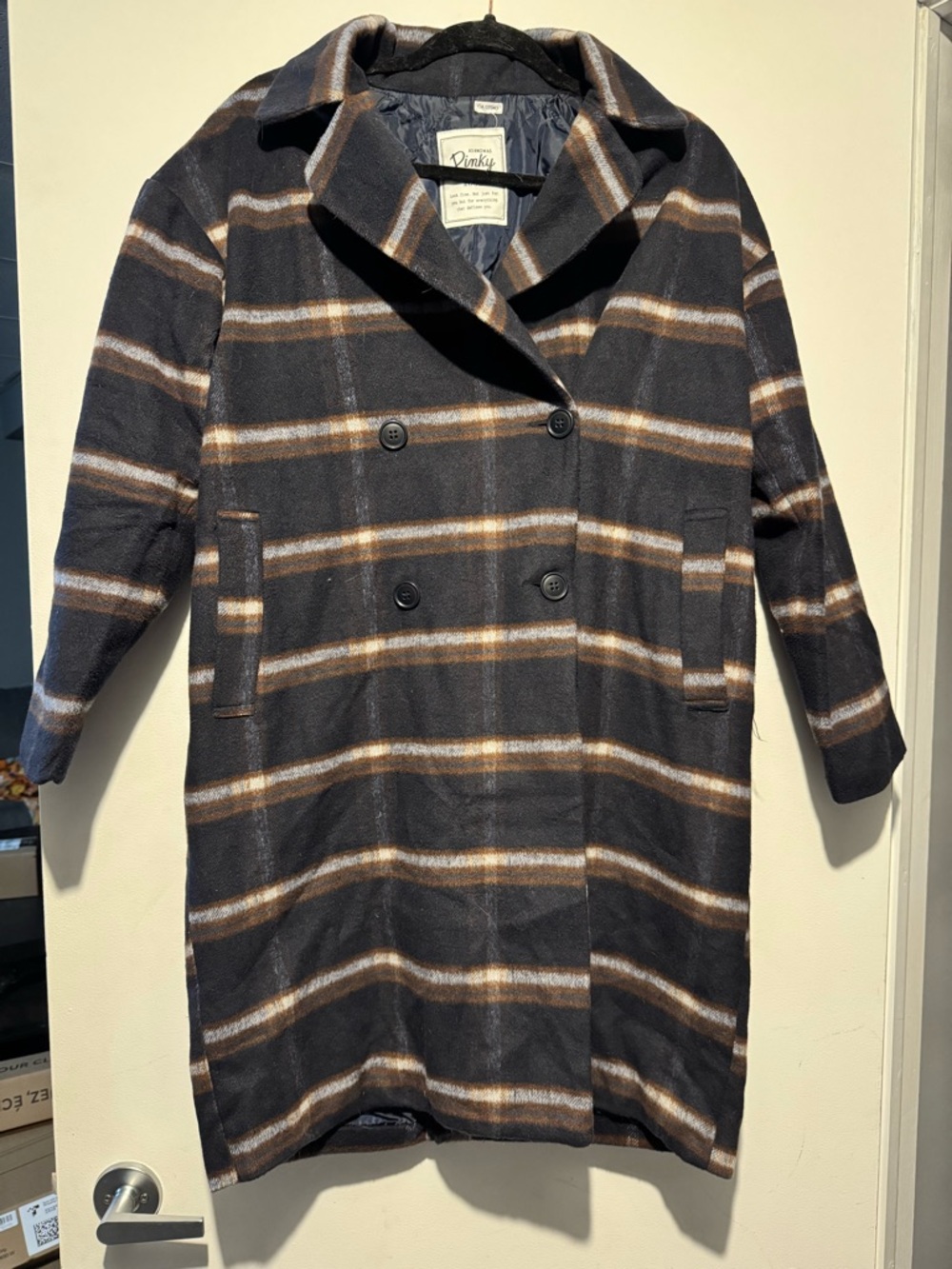 Double-Breasted Plaid peaCoat in Black and Brown